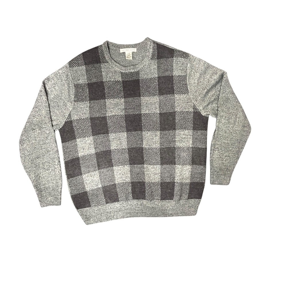 Vintage Geoffrey Beene Men's L‎ Gray Buffalo Plaid Crew Neck LS Sweater Classic